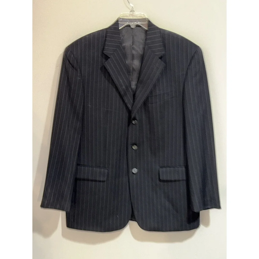 Chaps Men's 44R 2-Piece Suit 100% Wool Charcoal Gray Pinstripe Jacket and Pants